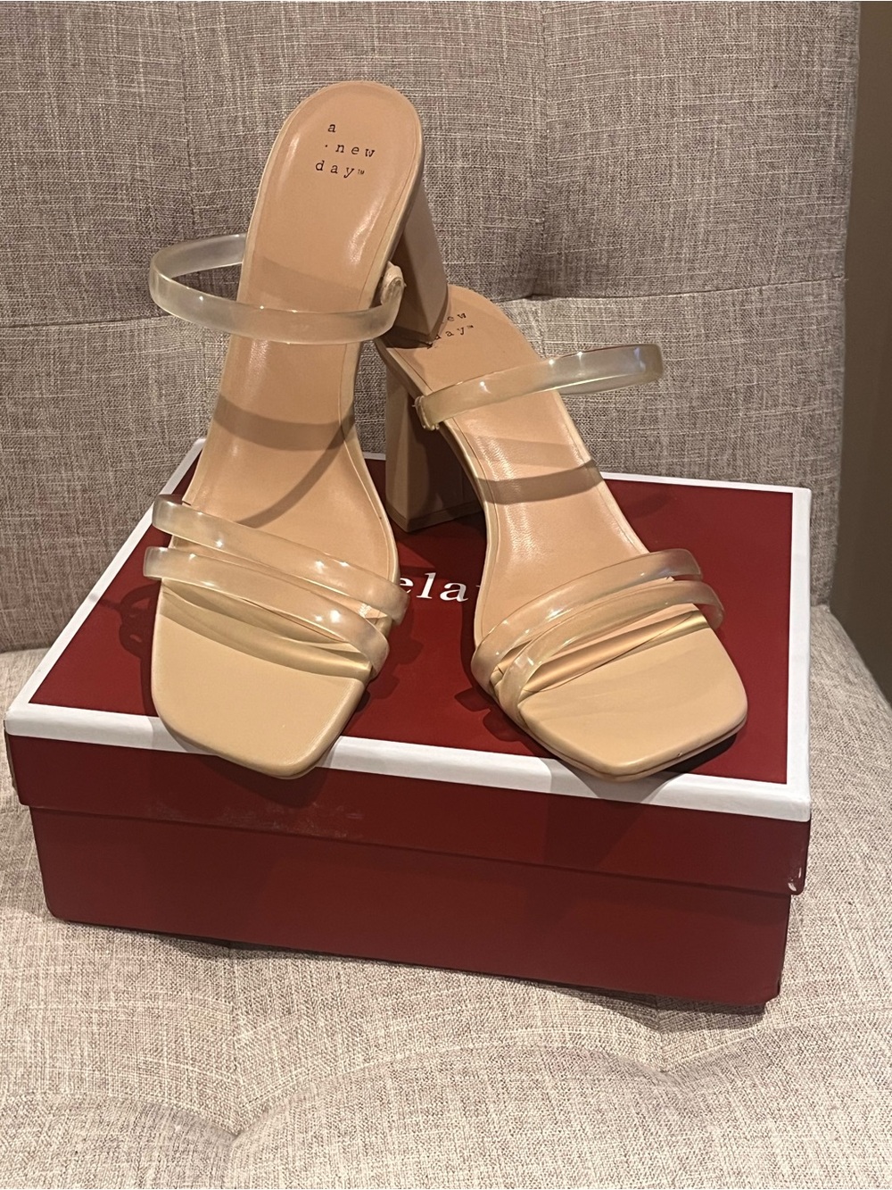 a new day Nude Clear-Strap Square Toe Block Heels